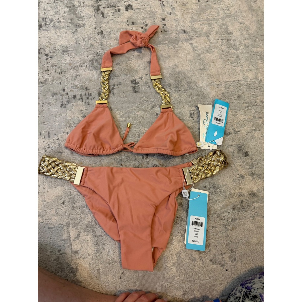 Beach Bunny Alexa Triangle Bikini Set Pink Gold Chain Hardware M Top 2X Bottom
